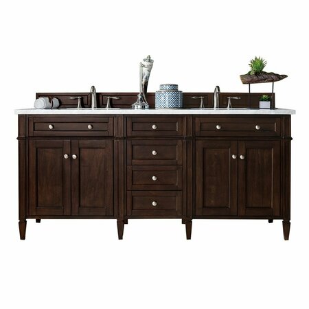 JAMES MARTIN VANITIES Brittany 72in Double Vanity, Burnished Mahogany w/ 3 CM Arctic Fall Solid Surface Top 650-V72-BNM-3AF
